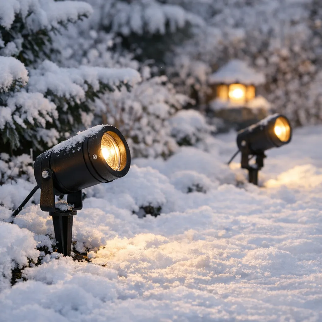 Erdspießstrahler im Garten bei Schnee